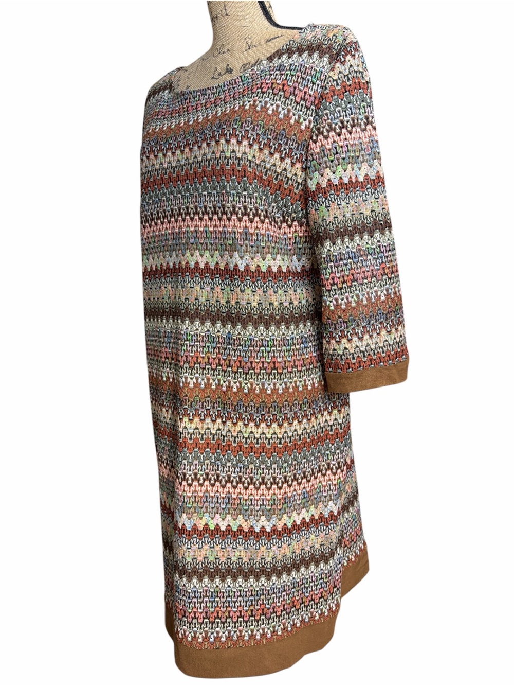 Studio One Multi-Color Zigzag Knit Dress with Brown Trim EC. Size 18